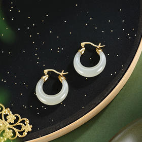 子佩集【‌月华静好】银S925耳环【EJ00220】古法银和田玉镀金半环圆环2602