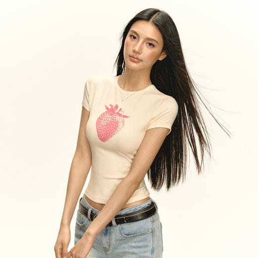 Ariseism 美式复古草莓印花短袖T恤女夏季新款修身上衣 商品图2