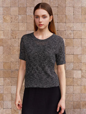 【棉麻亮片装饰套衫】26年春夏新品女士圆领短袖针织套衫混色上衣