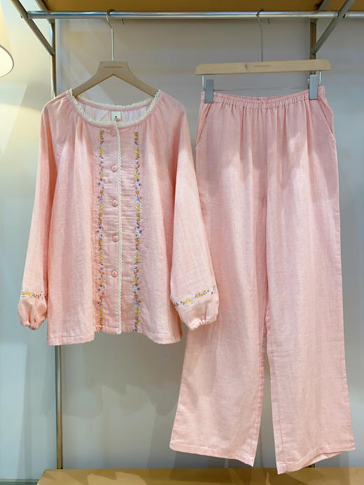 松植屋《织花》女士圆领蕾丝边小刺绣全棉双层纱布长袖长裤睡衣家居服套装 商品图1