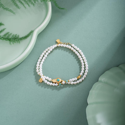 子佩集【福禄灵韵】银S925珍珠惜王妃手链【QNS0002】3mm珠镀金绿松石葫芦2601 商品图1