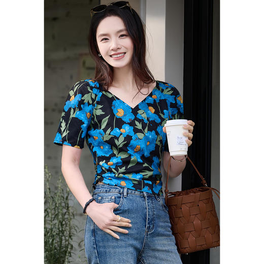 米思阳2026春夏新款法式优雅时尚衬衫别致设计感油画印花修身上衣女1389 商品图2