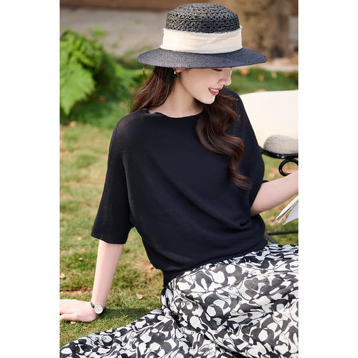 【预售7天】夏日慵懒风针织衫 天丝亚麻混纺 抬手就显气质~ 米思阳2026春夏新款短袖T恤女七分袖宽松显瘦上衣女1036 商品图6