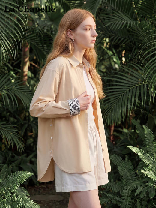 天猫同步【小众设计款】拉夏贝尔/La Chapelle极简通勤！翻领衣领内里腰果花小众拼接设计纯棉衬衣百搭时髦上衣 商品图3