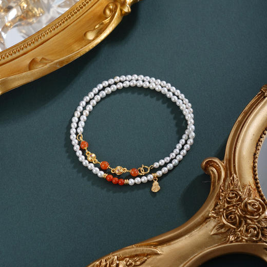 子佩集【福华之遇】银S925珍珠惜王妃手链【QNS0009】3mm珠镀金葫芦南红2601 商品图3