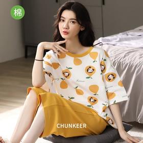 睡衣女夏纯棉季新款短袖七分裤简约韩版宽松家居服可外穿套装M-2XL