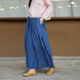 绽放147朵/蓝调*色织亚麻全腰松紧手工压褶裙裤女宽松阔腿休闲裤