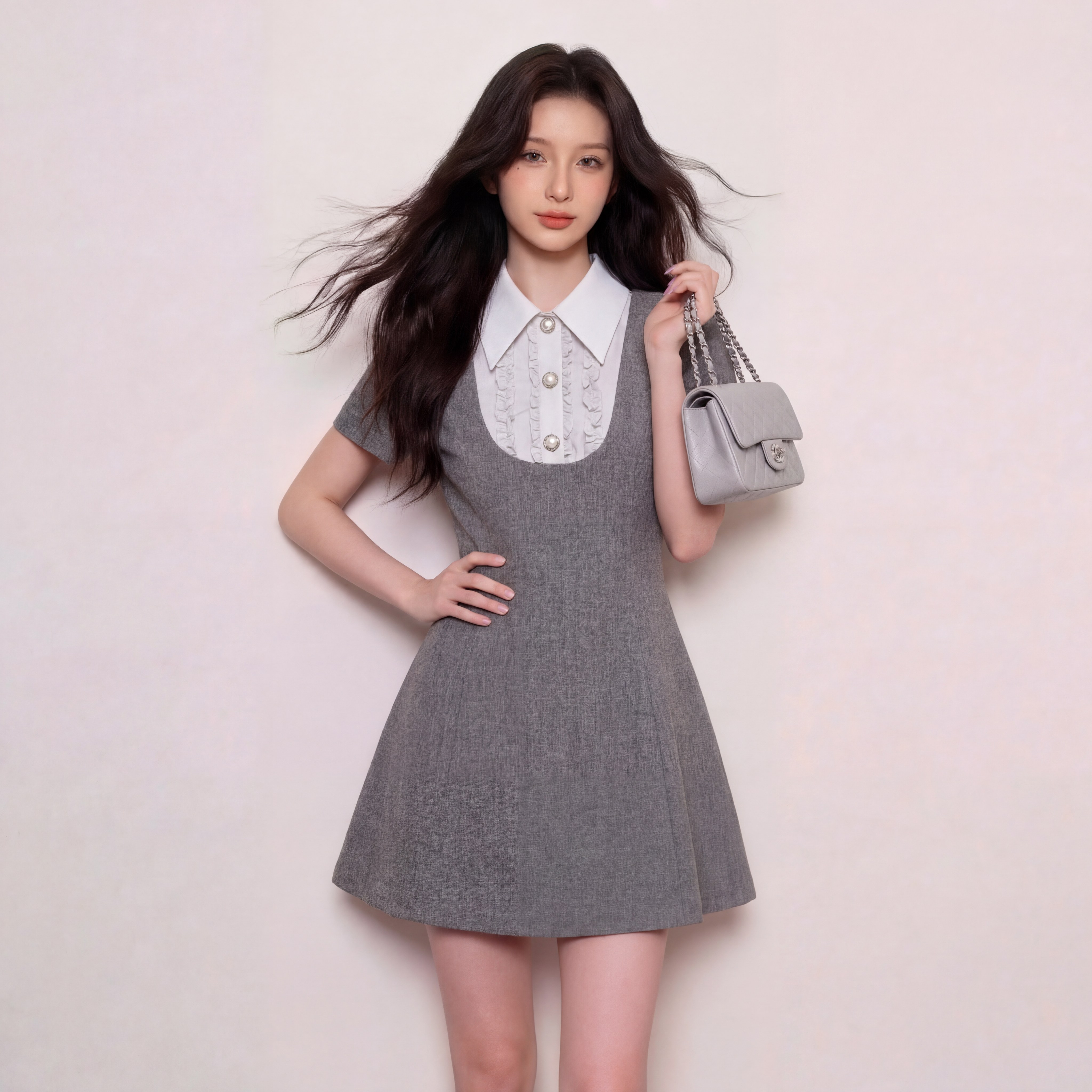 奢姿大码女装2026夏季木耳边拼接翻领连衣裙胖妹妹时尚千金风裙子9962872182