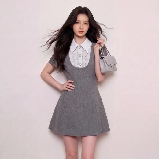 奢姿大码女装2026夏季木耳边拼接翻领连衣裙胖妹妹时尚千金风裙子9962872182 商品图0