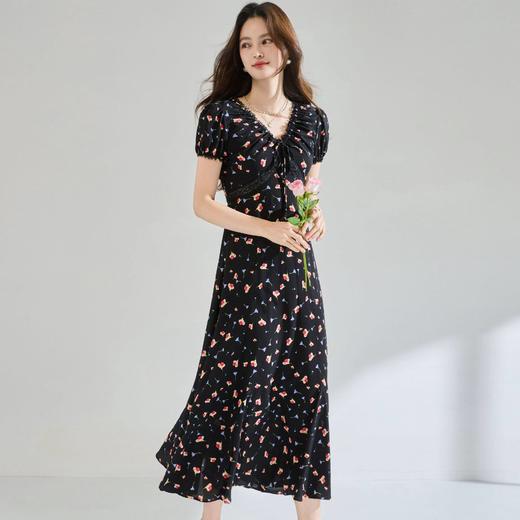 「高货sh」全新升级【铂金会员293/天猫399/差价106】(05234)洛诗琳木耳边蕾丝拼接印花连衣裙2026夏季气质收腰茶歇裙 商品图3