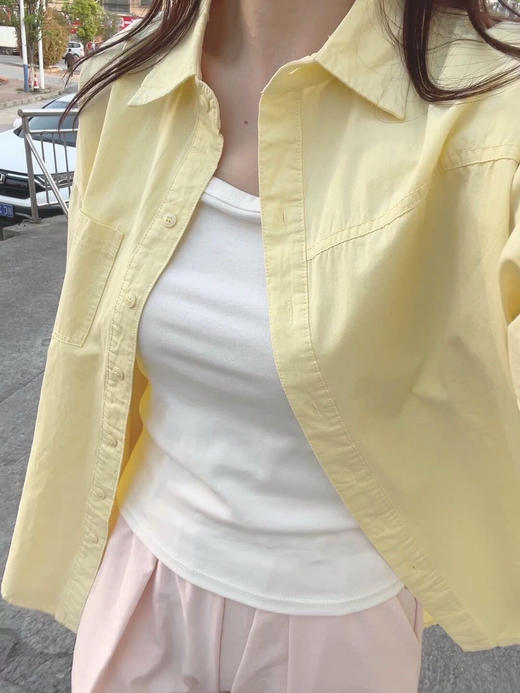 2026年春夏新款奶油芝士黄纯棉纽扣衬衫百搭显瘦巨清爽 商品图3