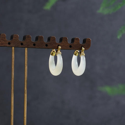 子佩集【‌月华静好】银S925耳环【EJ00220】古法银和田玉镀金半环圆环2602 商品图1