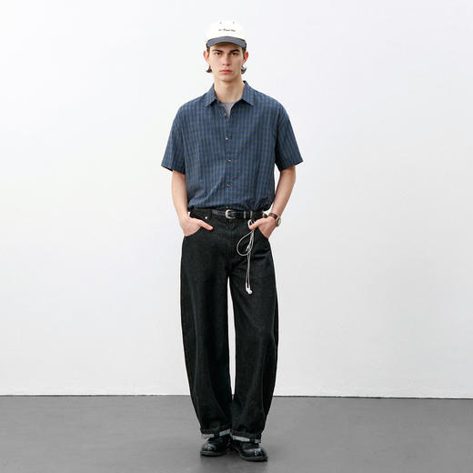 714street复古棉麻蓝色格子短袖衬衫男2026夏季宽松落肩美式衬衣 商品图2