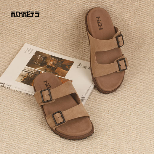 和诚行夏季新款舒适百搭真皮厚底踩屎感男式拖鞋0551293 商品图2