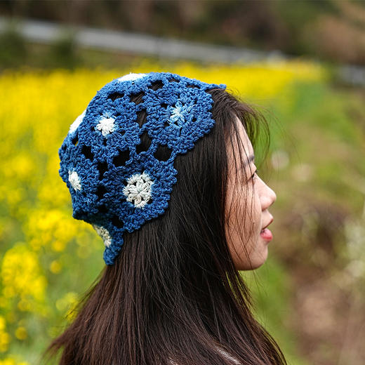 【林栖设计小店】（预售3天发货）东阳手工蓝染钩花套头帽子 商品图3