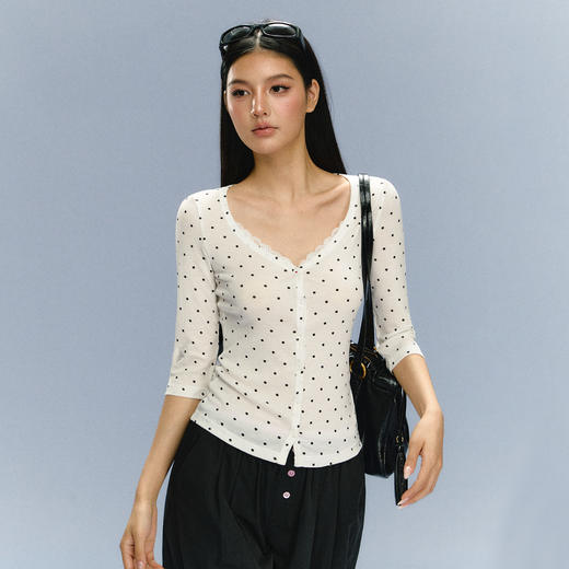 Ariseism 美式复古白色波点上衣短袖T恤女夏季新款修身上衣 商品图2