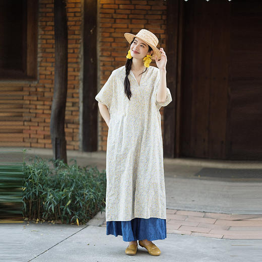 绽放164朵/纯棉复古撞色碎花v领中袖连衣裙松弛感宽松连身袖长裙 商品图2
