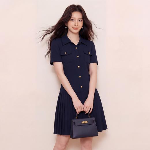 奢姿大码女装2026夏季翻领设计气质连衣裙假口袋百褶时尚轻奢裙子9962860019 商品图2
