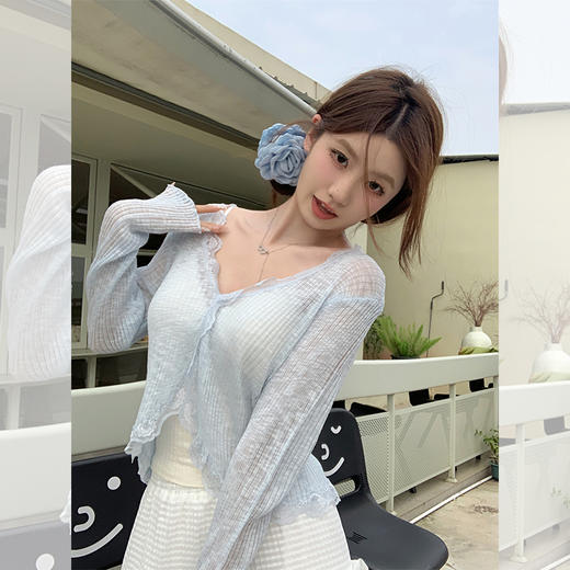 西遇纯欲蕾丝拼接针织开衫女2026春季新款防晒透气温柔风短款上衣SS060243 商品图3