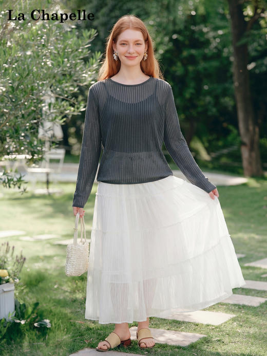 天猫同步【超亲肤柔软】拉夏贝尔/La Chapelle春夏新款含绵羊毛圆领镂空针织衫宽松显瘦防晒罩衫 商品图2