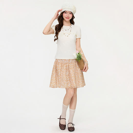 西遇复古拼接荷叶边蝴蝶结短袖T恤女2026夏新款蕾丝修身显瘦上衣SS060251 商品图3