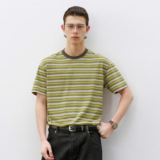 714street微宽松落肩拼接撞色圆领短袖2026夏季美式复古条纹T恤男 商品图1