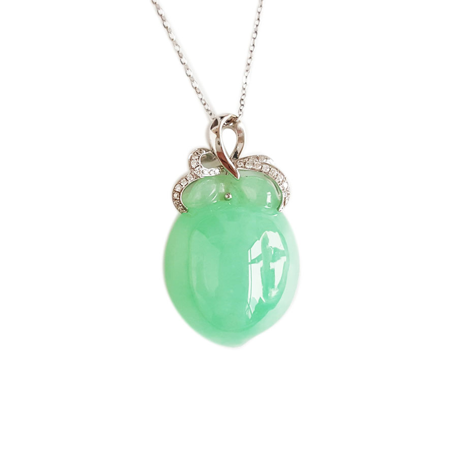 【天然正品】A货翡翠AU750白金镶钻镶天然细腻满绿糯冰种寿桃造型（福气安康、健康长寿）翡翠吊坠项链 吊坠：29.9*17.4*8.9MM（皆取最大值）131125AH24