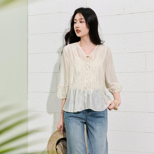 【醋酸】三彩2026夏季新款褶皱小衫V领灯笼袖上衣优雅S 商品图1