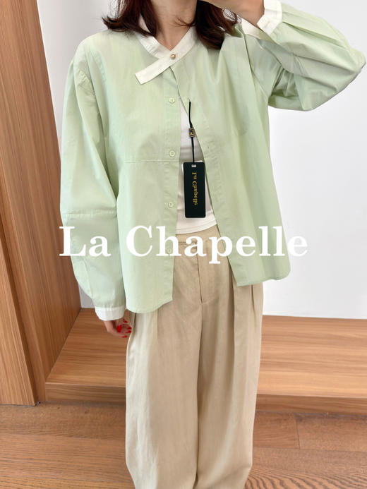 专柜实拍【法式气质！】拉夏贝尔/La Chapelle纯棉亲肤别致撞色领单排扣灯笼袖小众设计休闲衬衫上衣 商品图3