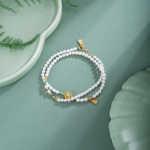 子佩集【芳华无界】银S925珍珠惜王妃手链【QNS0001】3mm珠镀金绿松石葫芦四芒星2601 商品图1
