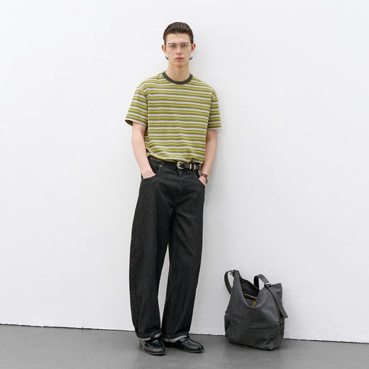 714street微宽松落肩拼接撞色圆领短袖2026夏季美式复古条纹T恤男 商品图2