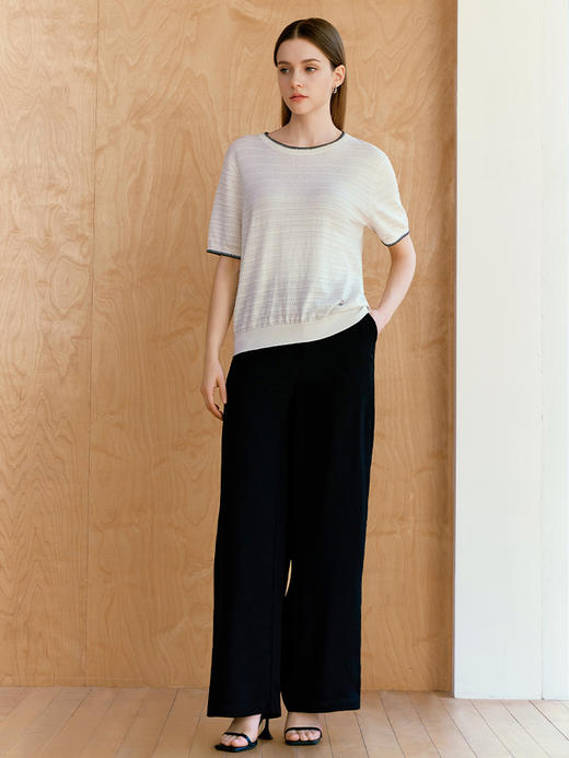 【条纹撞色条纹针织衫】26年春夏新品女士棉桑蚕丝亚麻混纺圆领短袖针织套衫 商品图2