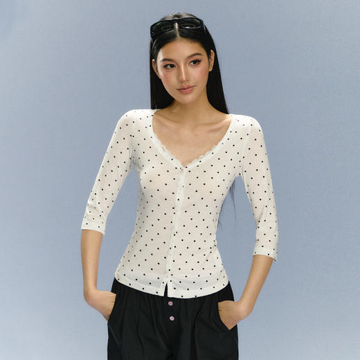 Ariseism 美式复古白色波点上衣短袖T恤女夏季新款修身上衣 商品图0