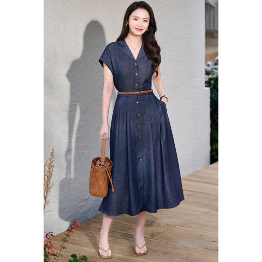港风复古~天丝亚麻仿牛仔 凉感垂坠 米思阳2026春夏新款深蓝色衬衫领连衣裙女气质收腰显瘦牛仔裙子6147 商品图4