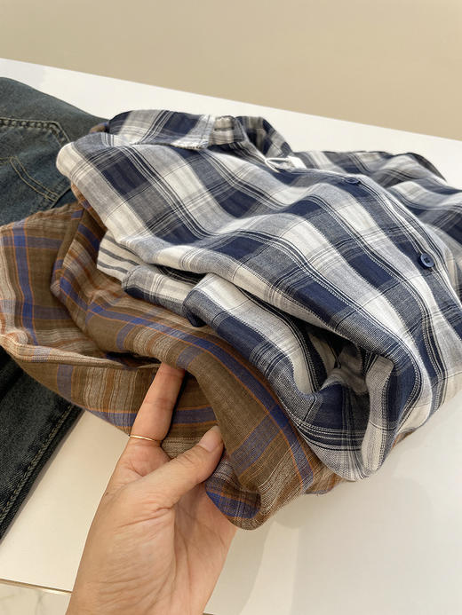 高质感双层棉纱复古格衬衫 春夏季慵懒风宽松显瘦防晒长袖衬衣 休闲风薄外套 商品图5