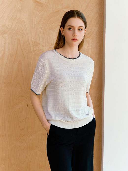 【条纹撞色条纹针织衫】26年春夏新品女士棉桑蚕丝亚麻混纺圆领短袖针织套衫 商品图1