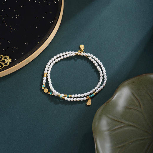 子佩集【福禄双华】银S925珍珠惜王妃手链【QNS0006】3mm珠镀金绿松石葫芦2601 商品图1