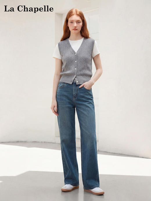 天猫同步【四面弹！敲好穿~】拉夏贝尔/La Chapelle两色一粒扣后腰皮标直筒宽松舒适弹力足牛仔裤 商品图5
