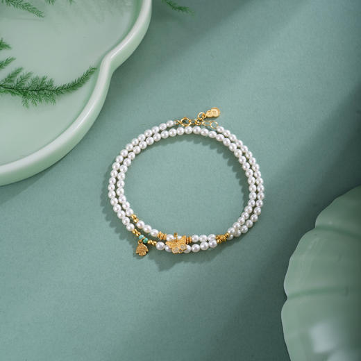 子佩集【灵狐面具】银S925珍珠惜王妃手链【QNS0022-3】3mm珠镀金绿松石蝴蝶2601 商品图1