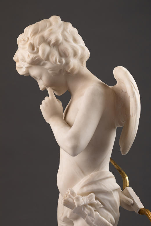 独角鹿西洋古董1907年法国雕塑家E. Thivier签名白色大理石精雕人物雕塑《沉思的小爱神》 商品图5