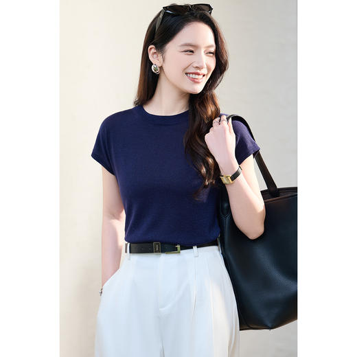 人手一件~天丝混纺针织T恤 细腻亮丝质感 米思阳2026春夏新款圆领莱赛尔短袖针织衫女套头T恤宽松半袖上衣6077 商品图3