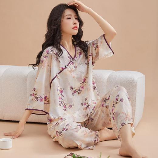 新中式睡衣女春夏秋季新款绵绸盘扣七分袖长裤甜美国风家居服套装L-2XL★娃娃优选 商品图2