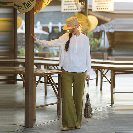 绽放106朵/干洗亚麻拼蕾丝花边正常肩长袖衬衫女夏新款半开襟小衫 商品图1