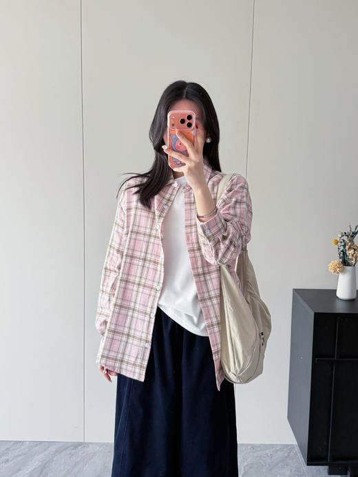 韩国东大门复古格纹翻领宽松长袖衬衫 商品图6