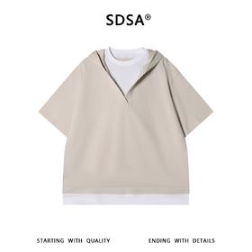 SDSA男装2026新款轻奢潮牌撞色假两件连帽短袖T恤百搭休闲上衣