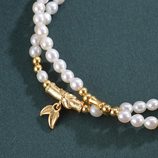 子佩集【竹韵华年】银S925珍珠惜王妃手链【QNS0024-9】3mm珠镀金竹叶2601 商品图3