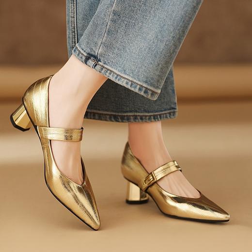 【预售5天】法式玛丽珍女鞋春秋新款金色粗跟尖头羊皮浅口单鞋QQJFG&JZ-1193F 商品图3