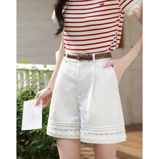 鹿向南「蕾丝叙逸」小众设计感浅杏色休闲短裤女夏季简约风阔腿裤 商品图2