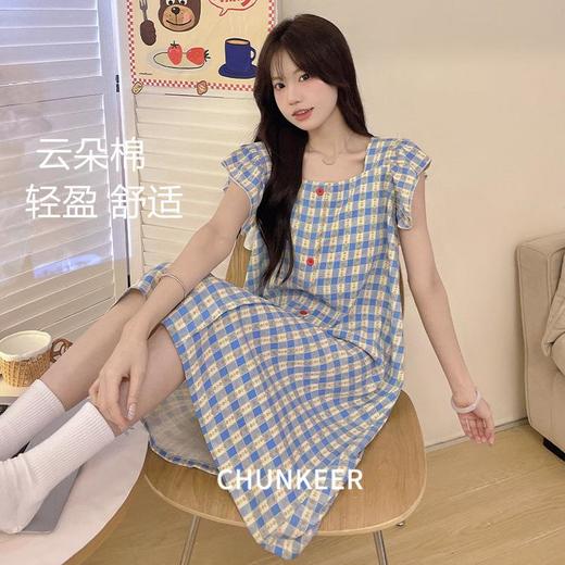 少女新款云朵棉吊带睡裙睡衣夏季甜美格子纹蓝色复古泡泡袖可外穿M-2XL★娃娃优选 商品图0