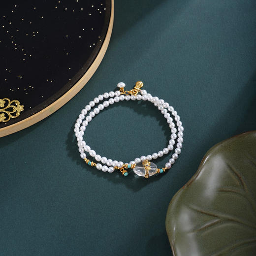 子佩集【庄生晓梦】银S925珍珠惜王妃手链【QNS0017】3mm珠镀金绿松石白水晶2601 商品图1
